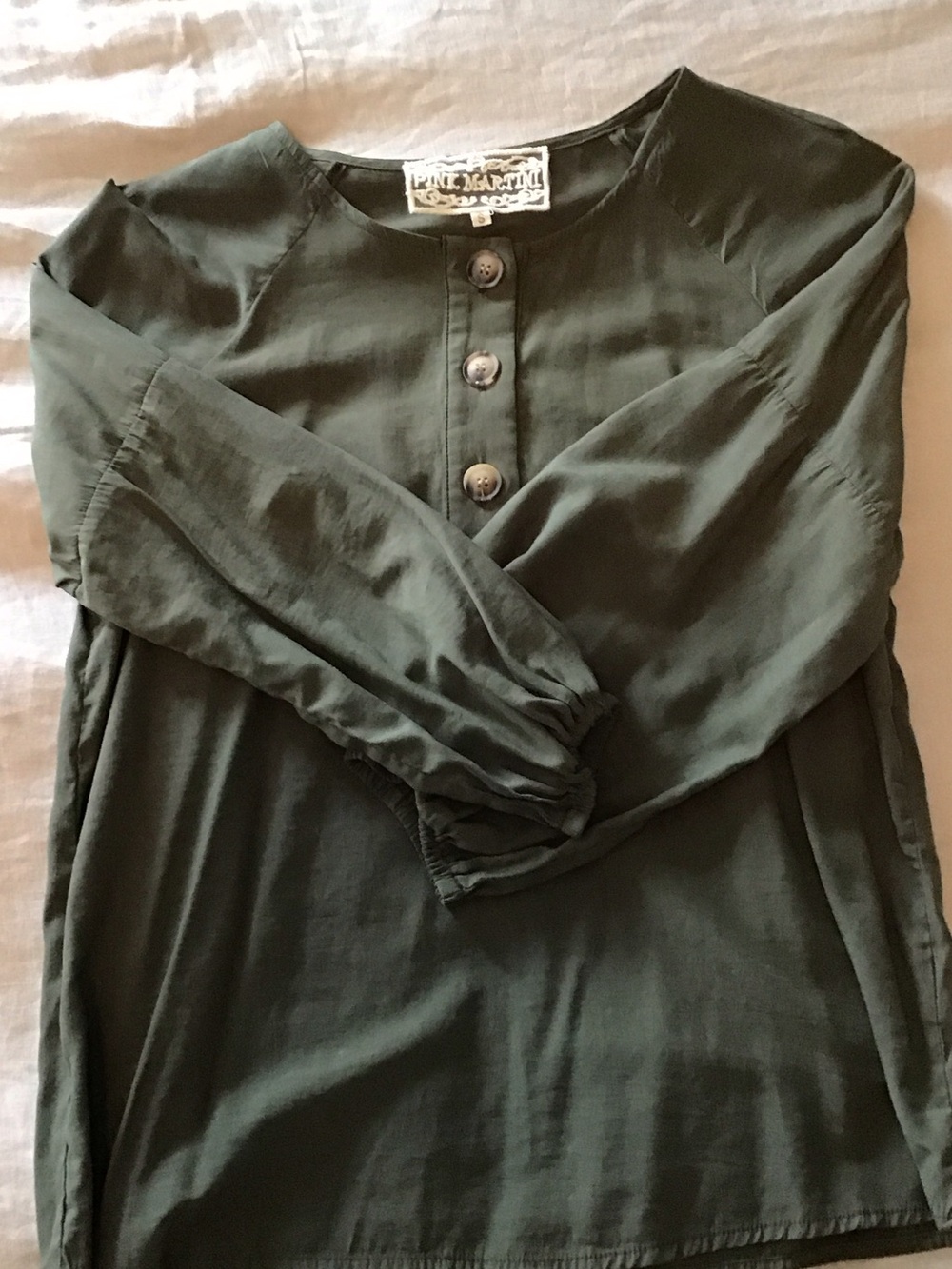 Pink Martini Olive Green Long-Sleeve Button Henley Blouse